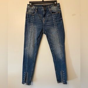 Miss Me Embellished Blue Ankle Skinny Jeans, Slit Ankle Detail, Embroidered